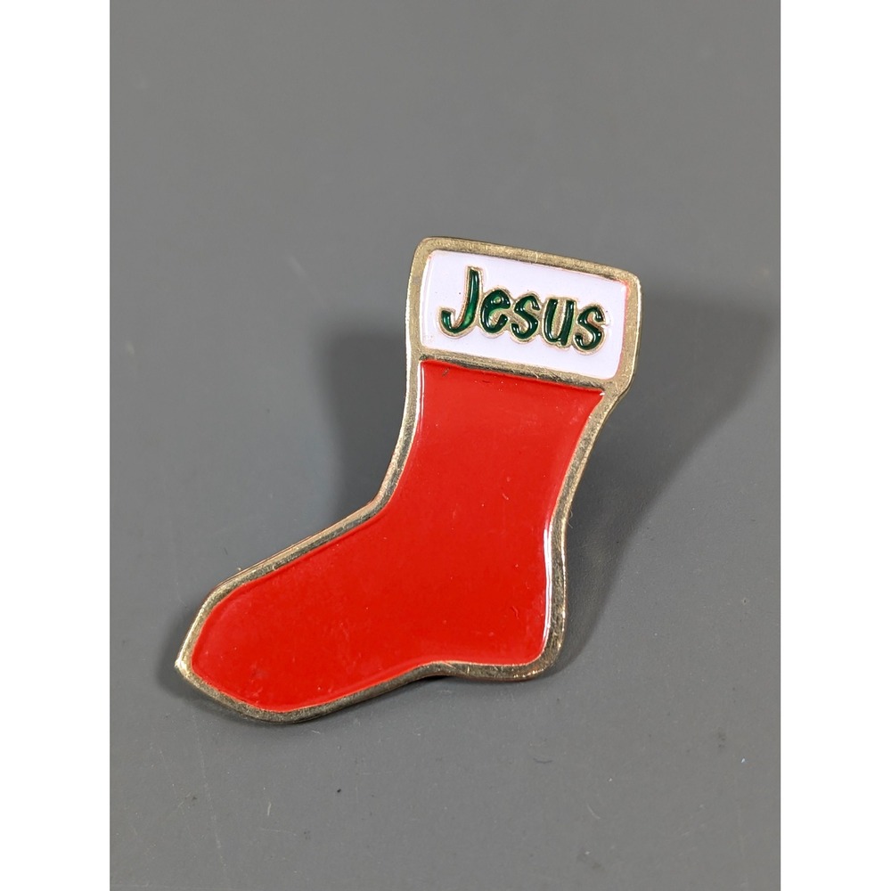 Vintage Jesus Christmas Stocking Brooch Red Enamel Gold Tone Holiday Pin